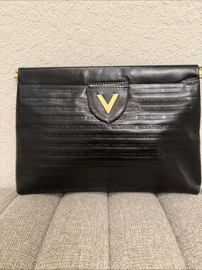 Valentino Black Leather Envelope Clutch with Gold V Emblem